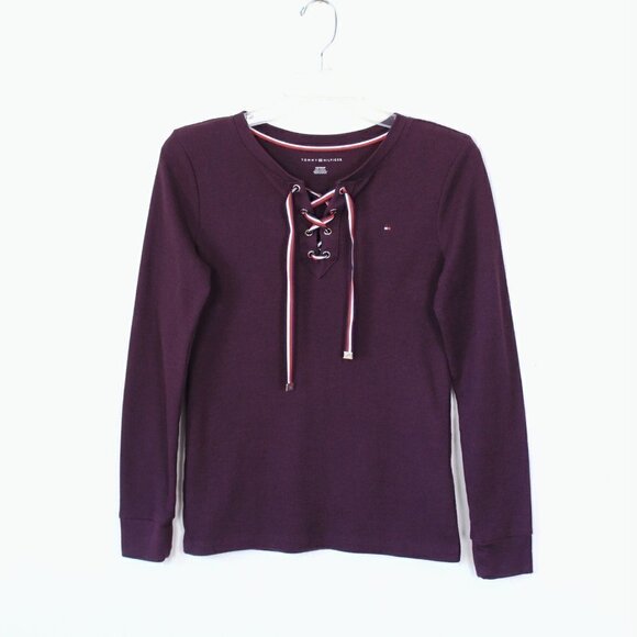 Tommy Hilfiger Purple Waffle Lace Up Henley Extra Small - Picture 2 of 11